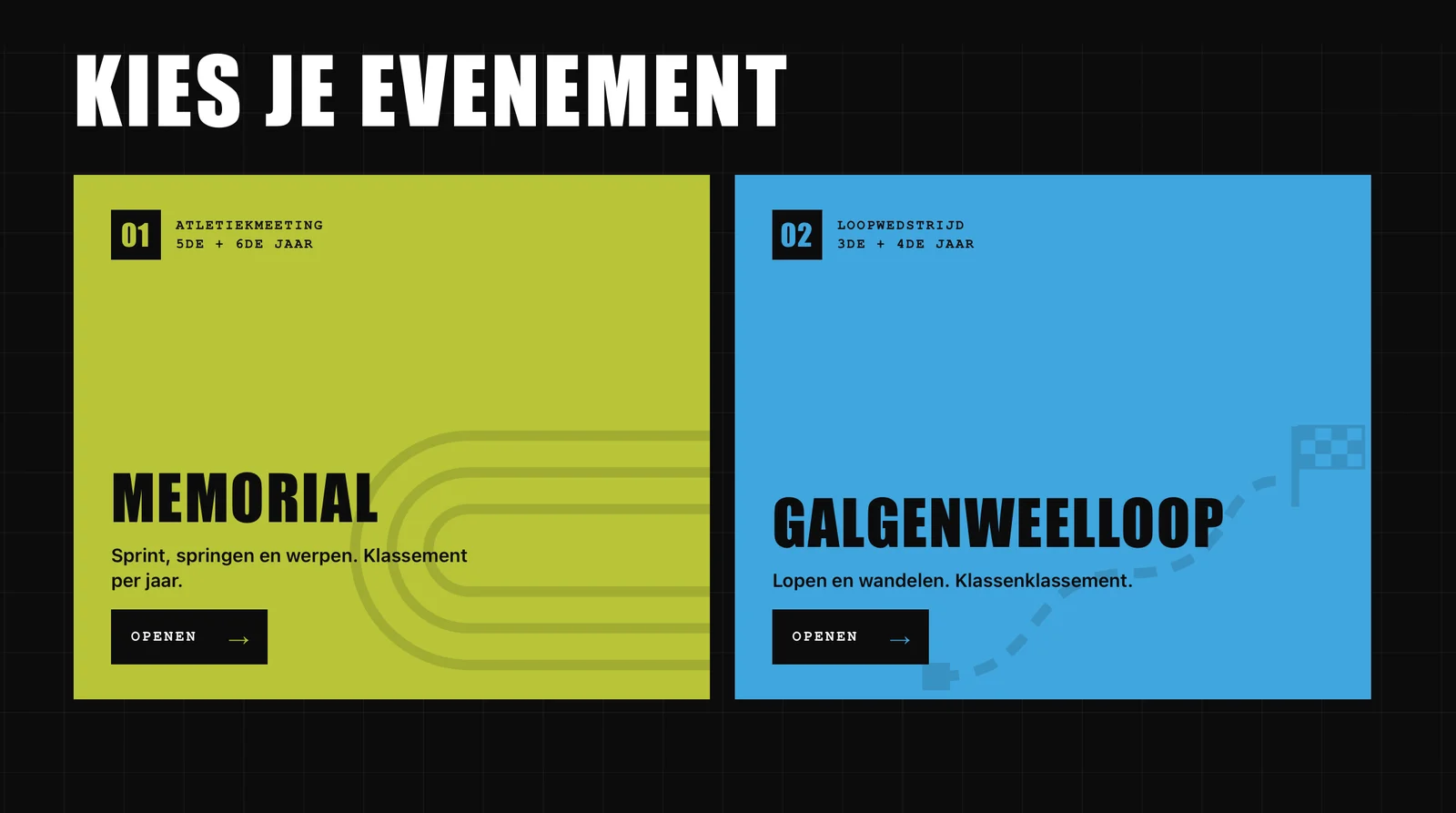 Startscherm van Agonix: kies je evenement