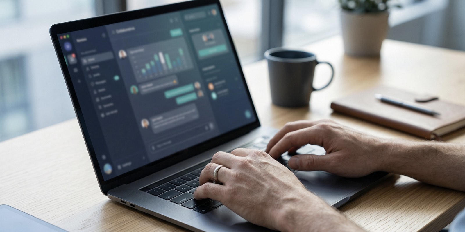 Handen op een laptop met een modern samenwerkingsdashboard