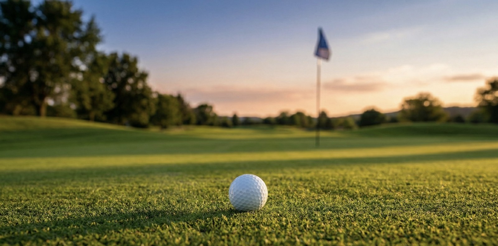 Golfbal vlak bij de vlag op de green, bij zonsondergang
